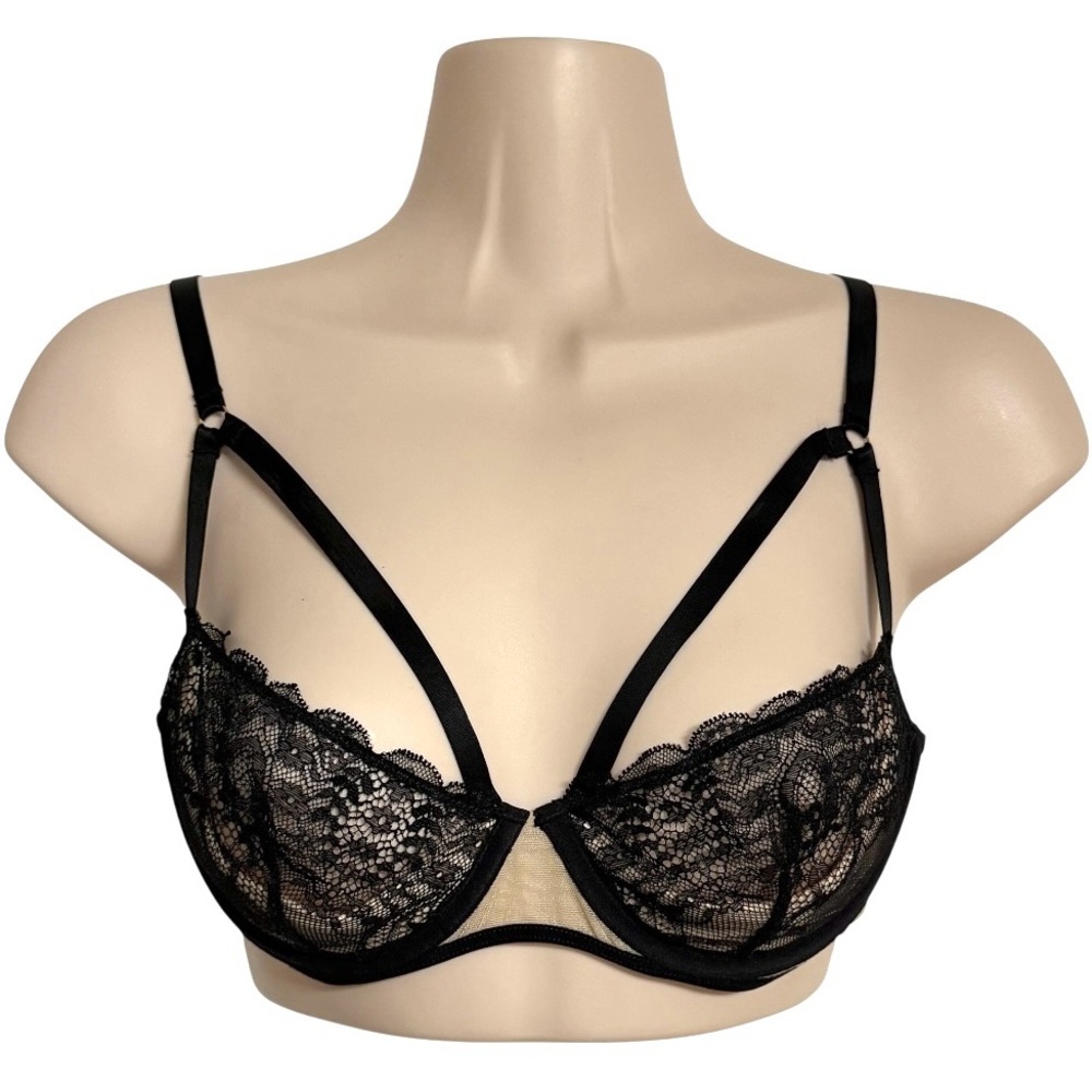MAISON CLOSE Underwire Lace Harness Bra Black and Gold Size 32D French Size 85D